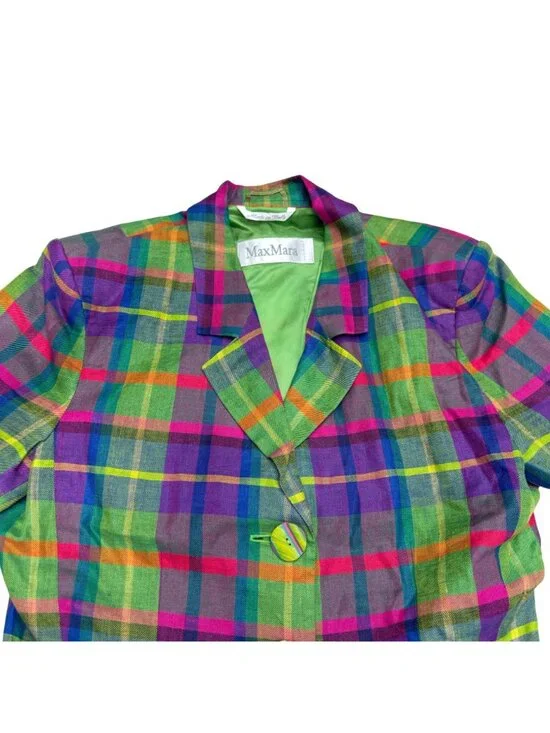 Vintage Max Mara Women's 100% Linen SS Multicolor Plaid Button Jacket, Size M - Picture 3 of 8